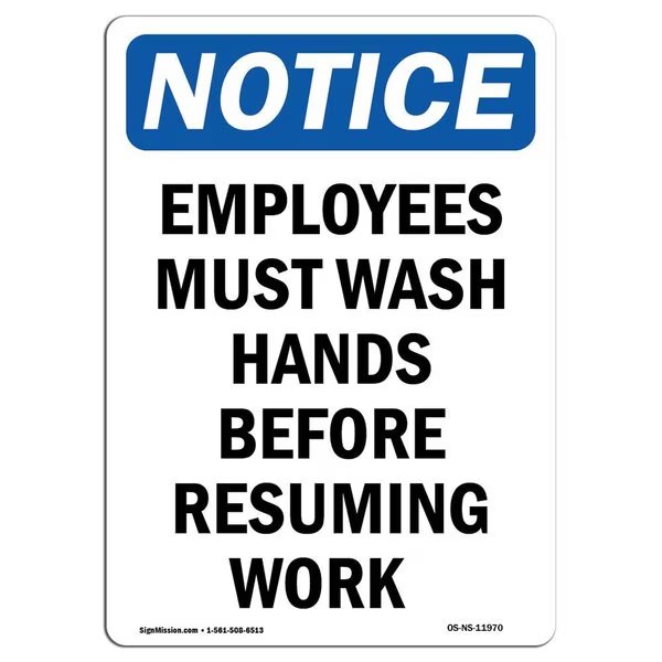 OSHA, Employees Must Wash Hands Before, 24in X 18in Peel And Stick Wall Graphic, NS-RD-1824-V-11970, Signmission, Mfr#: OS-NS-RD-1824-V-11970